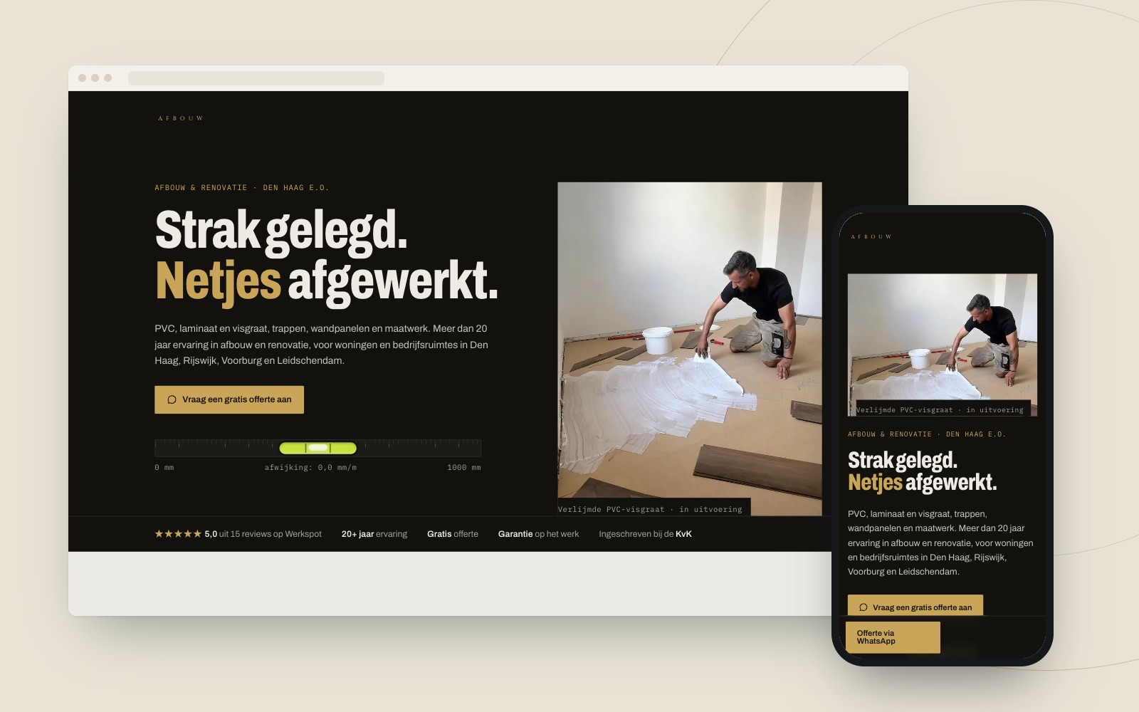 Website van een afbouwbedrijf op desktop en telefoon