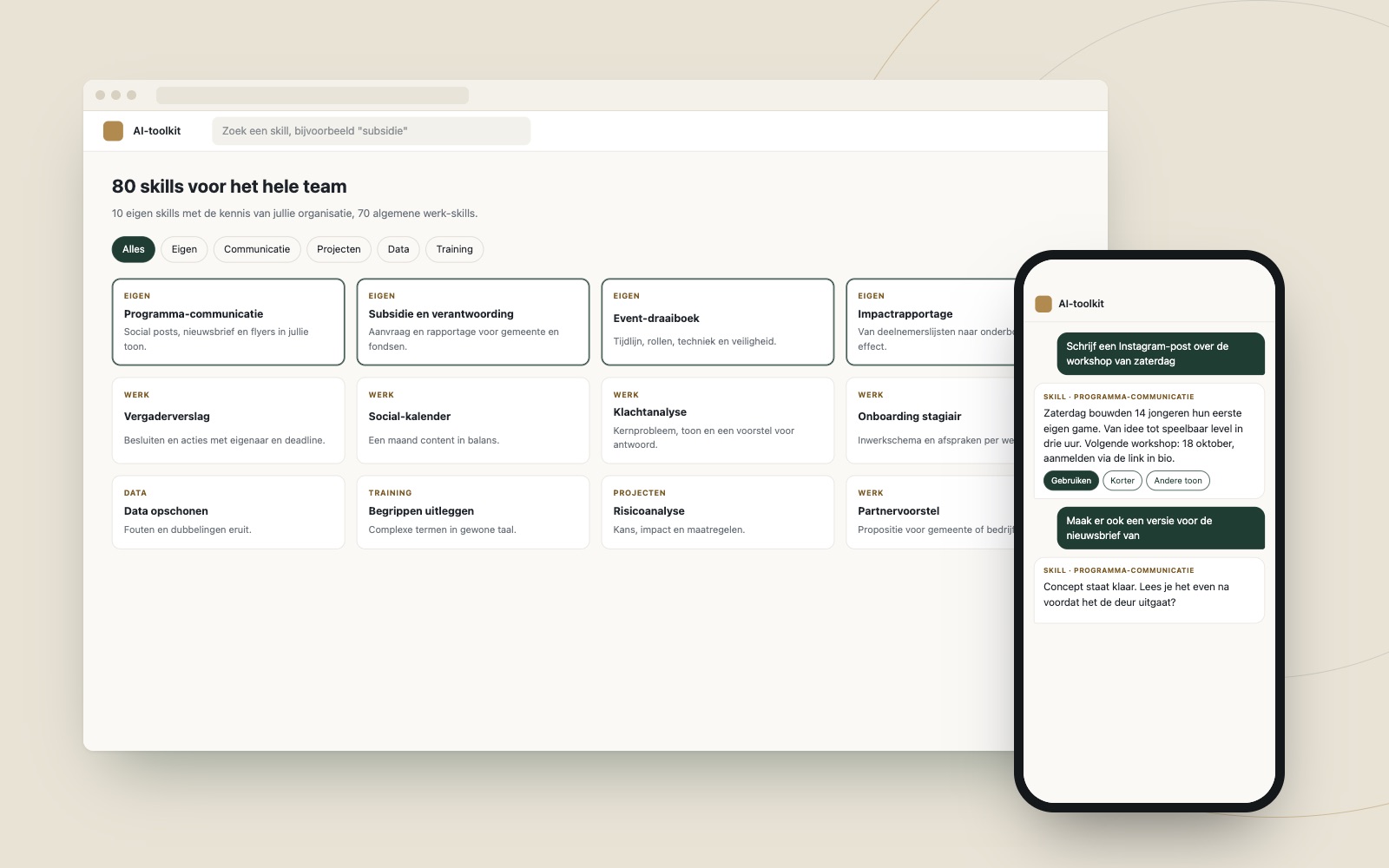 AI-toolkit met 80 skills op desktop en telefoon
