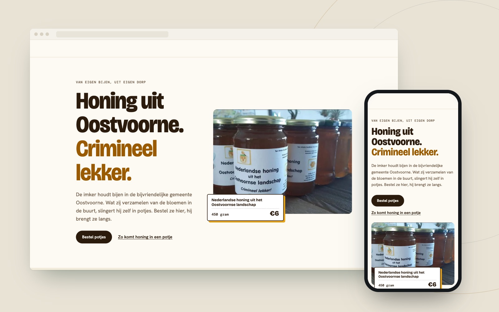 Website met interactieve 3D-honingraat voor een imker op desktop en telefoon