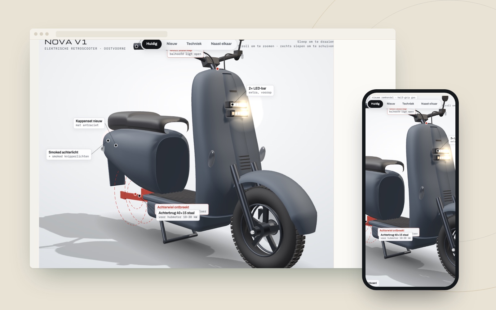 Interactieve 3D-visualisatie van een elektrische scooter op desktop en telefoon