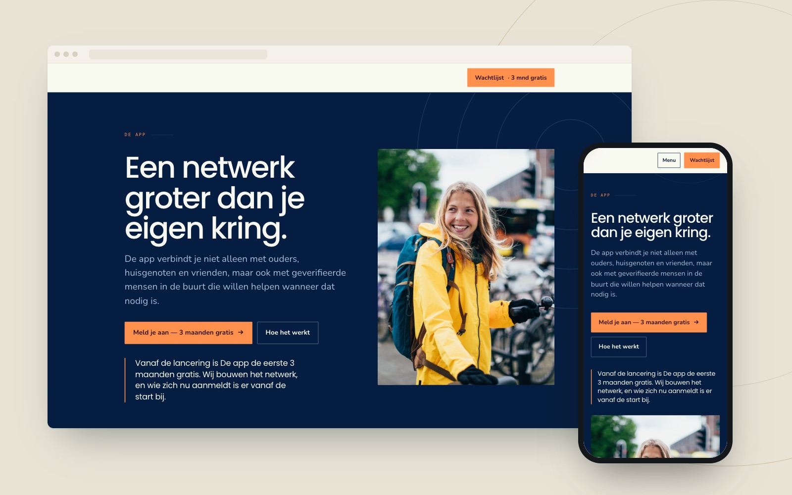 Lanceersite met wachtlijst voor een veiligheidsapp op desktop en telefoon