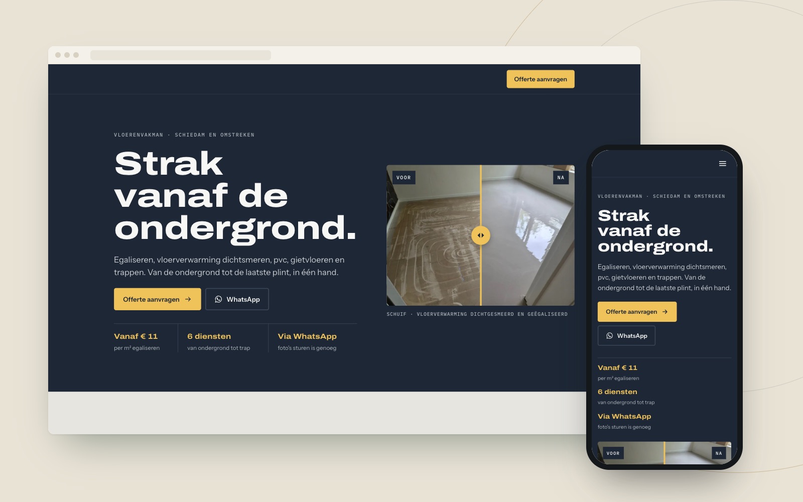 Website van een vloerspecialist op desktop en telefoon