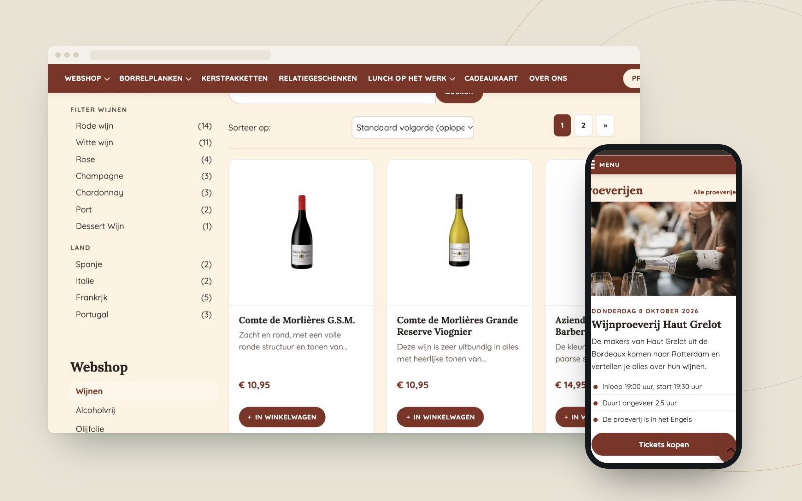 Webshop van een wijn- en delicatessenwinkel op desktop en telefoon